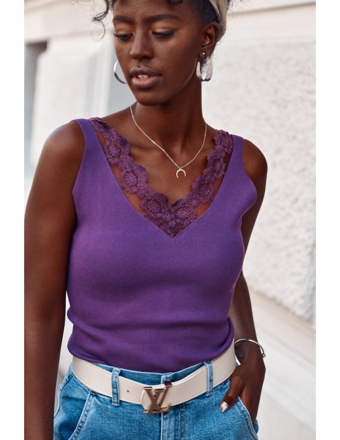 Ribbed top with lace, plum 02233 - Online store - Boutique